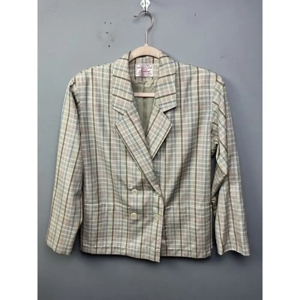Counry Sophisticates Petite‎ Pendleton Jacket Blazer Womens 4 Tan Silk Plaid VTG